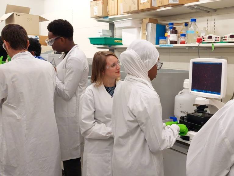 Participants in a lab with a member of staff during the Cancer Institute Taster Day 2023.