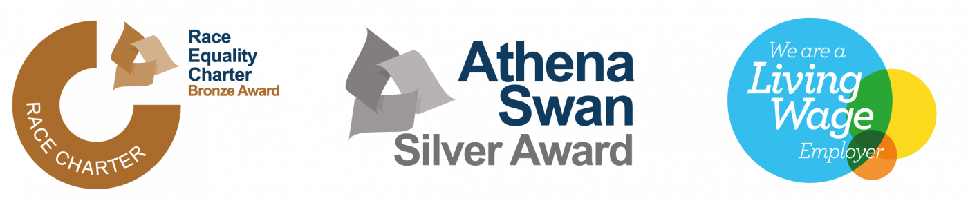 Charter logos of Race Equality Bronze, Athena Swan silver, London Living Wage