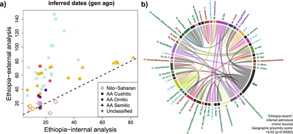 GLOBETROTTER inferred dates (generations from present) of admixture for Ethiopian populations grouped into genetic clusters.