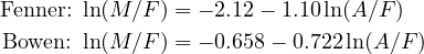 Fenner: ln(M∕F ) = - 2.12- 1.10ln(A ∕F)

Bowen: ln(M∕F ) = - 0.658- 0.722ln(A ∕F)
