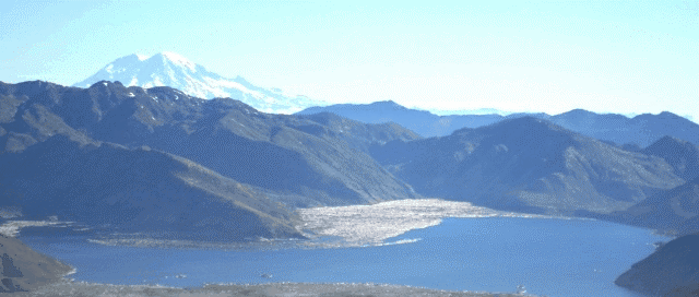 view of Spirit Lake and Mount Rainier from Mount St Helens